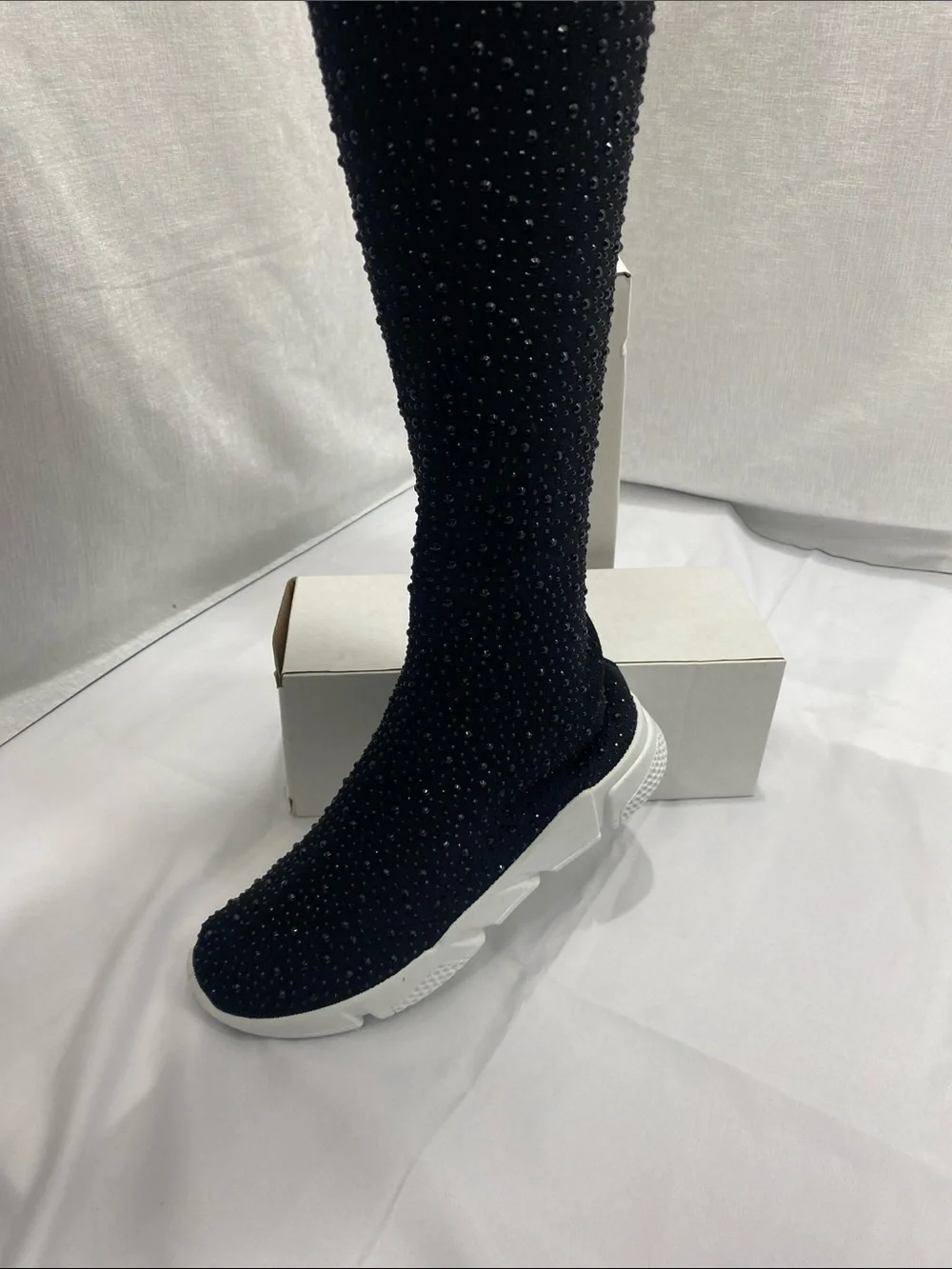Black Over-the-Knee Embellished Sock Boots with White Sole